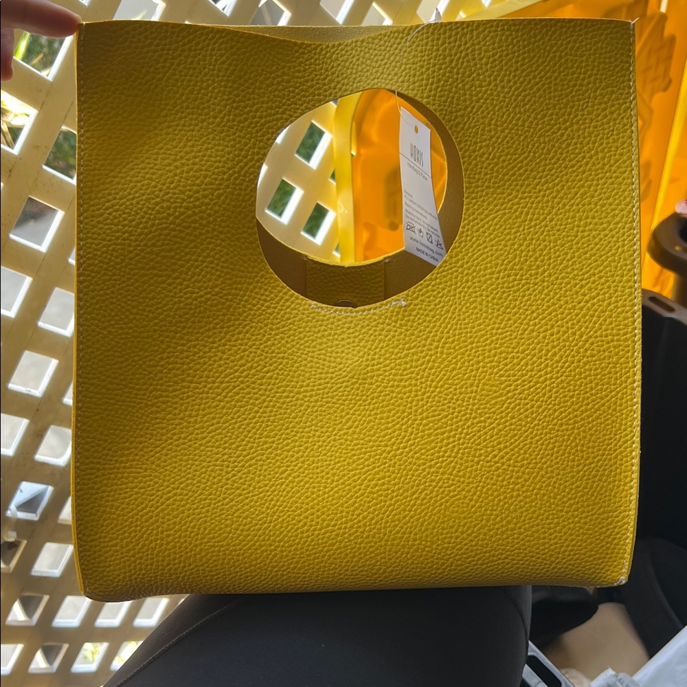 Yellow Leather Circle-Handle Tote Bag
